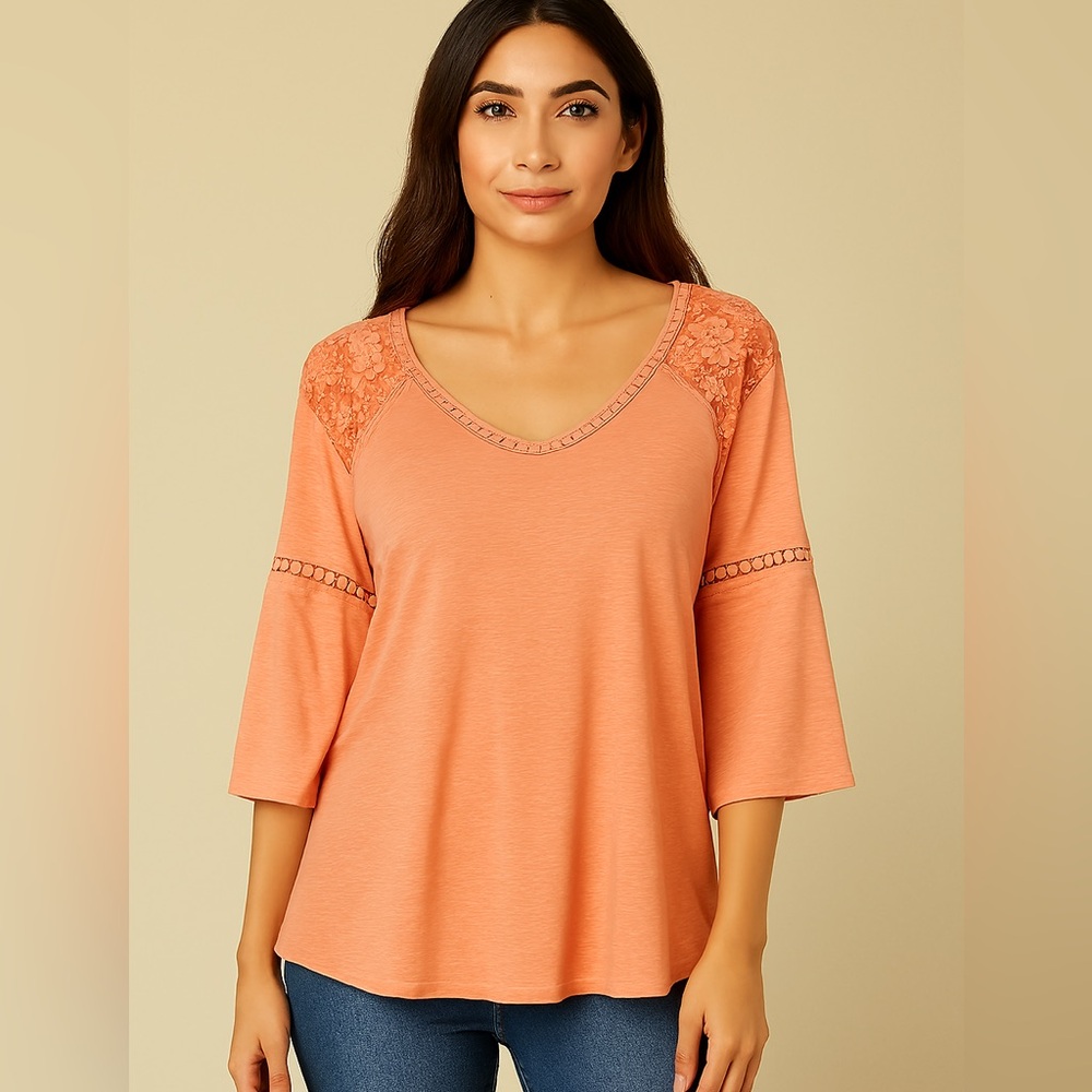 Peach top with lace detail and bell sleeves by above and beyond PL petite large